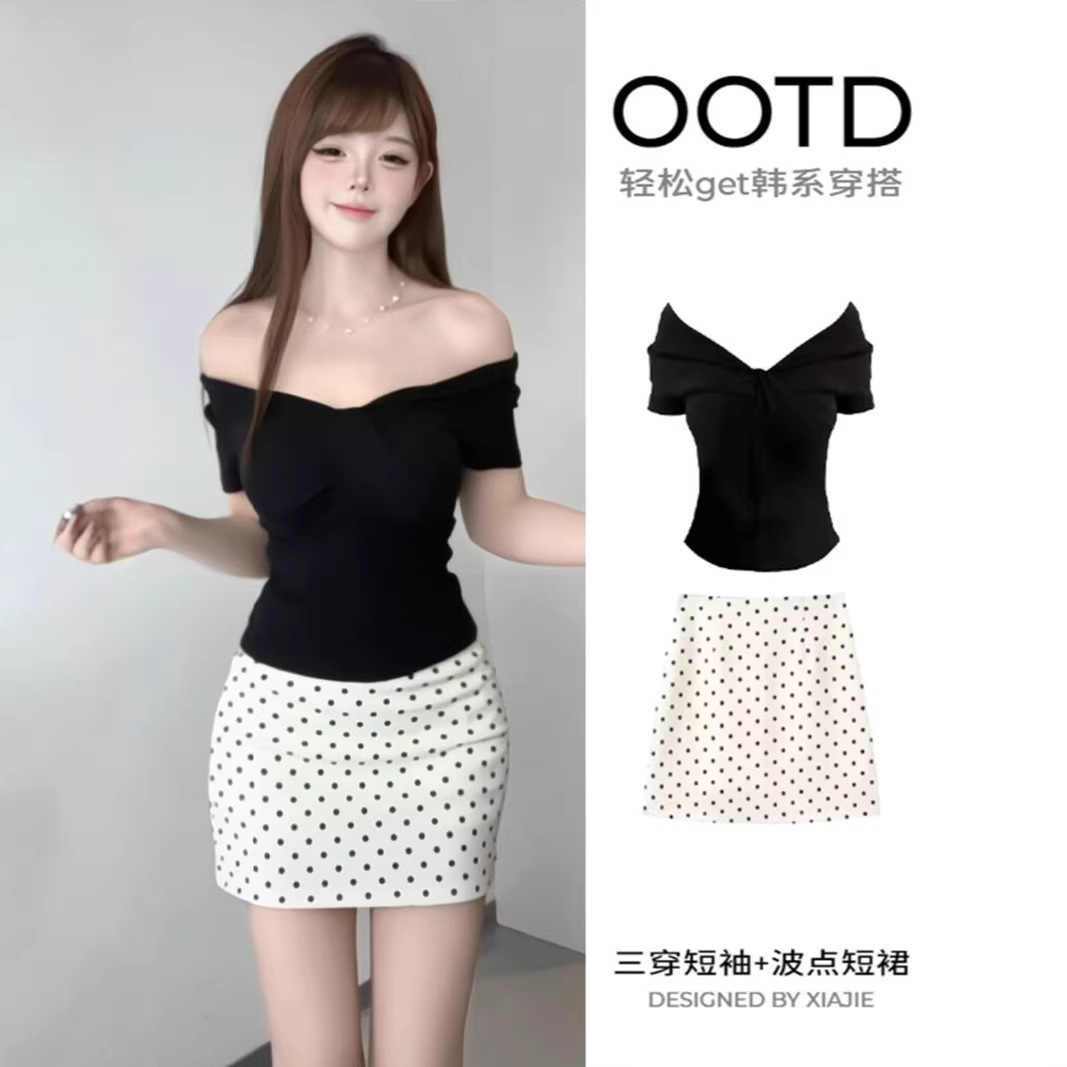 Rib Top Polka Dot Skirt Set Women Off Shoulder Top Short Skirt 2 Pcs photo 4 (style 1037171999404)