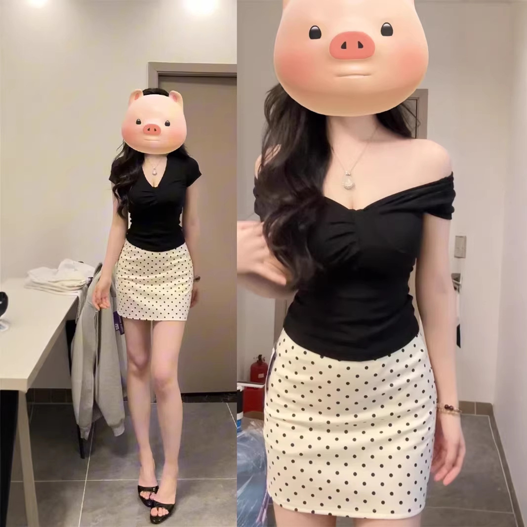 Rib Top Polka Dot Skirt Set Women Off Shoulder Top Short Skirt 2 Pcs photo 1 (style 1037171999404)