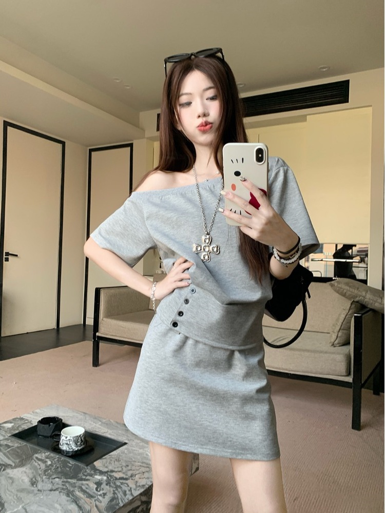 Korean Design Hot One Shoulder Short Sleeve Top Women Summer New Slim photo 5 (style 1039096567405)