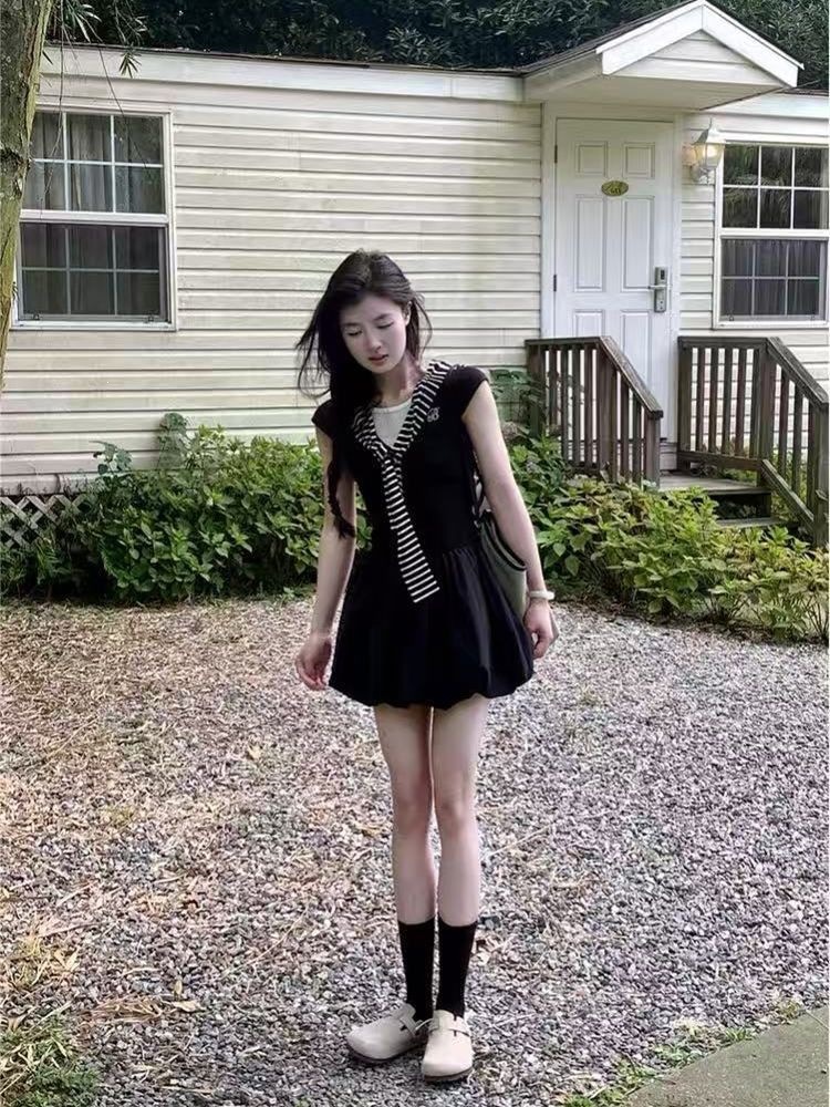 Black Petite Dress Women Summer New French Premium Waist 2 Pcs Early A photo 1 (style 1039725717811)