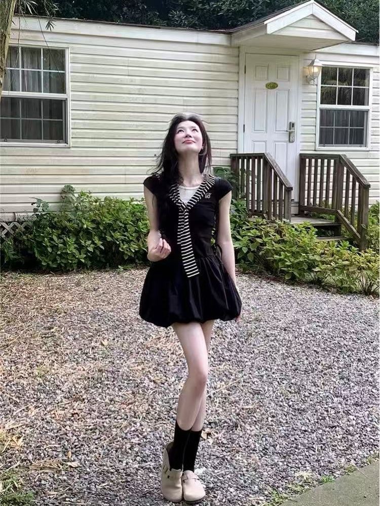 Black Petite Dress Women Summer New French Premium Waist 2 Pcs Early A photo 2 (style 1039725717811)