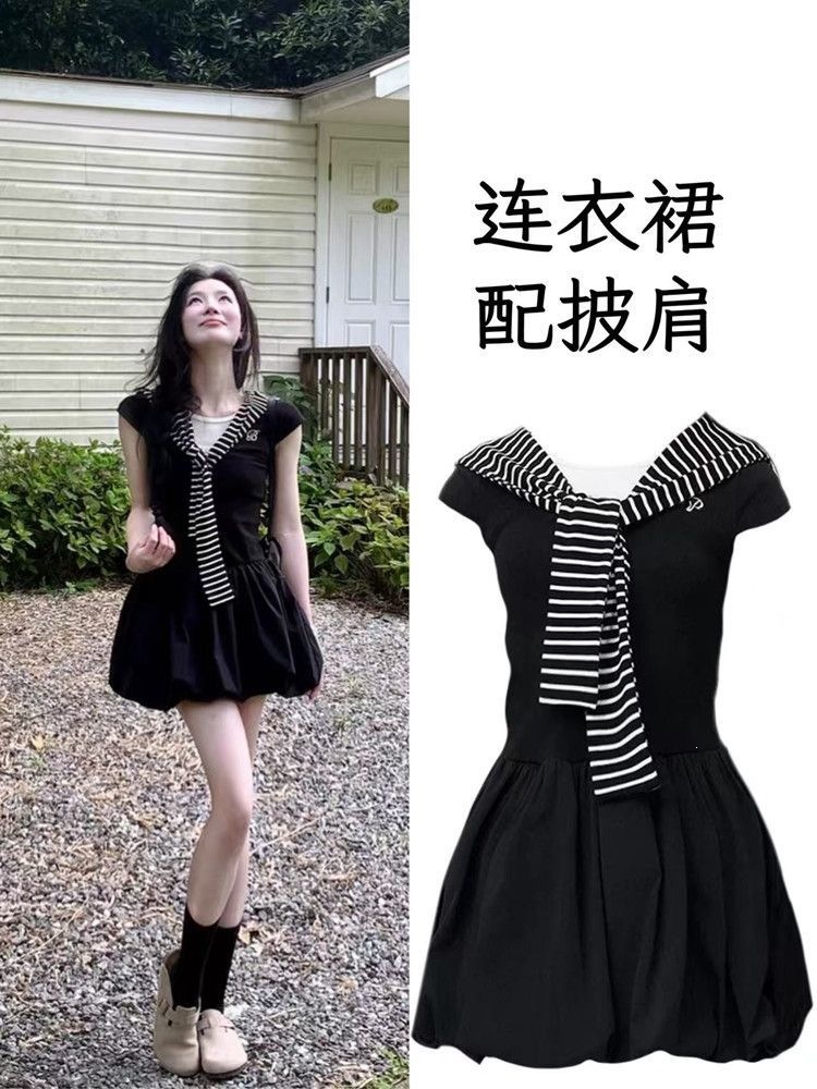 Black Petite Dress Women Summer New French Premium Waist 2 Pcs Early A photo 3 (style 1039725717811)