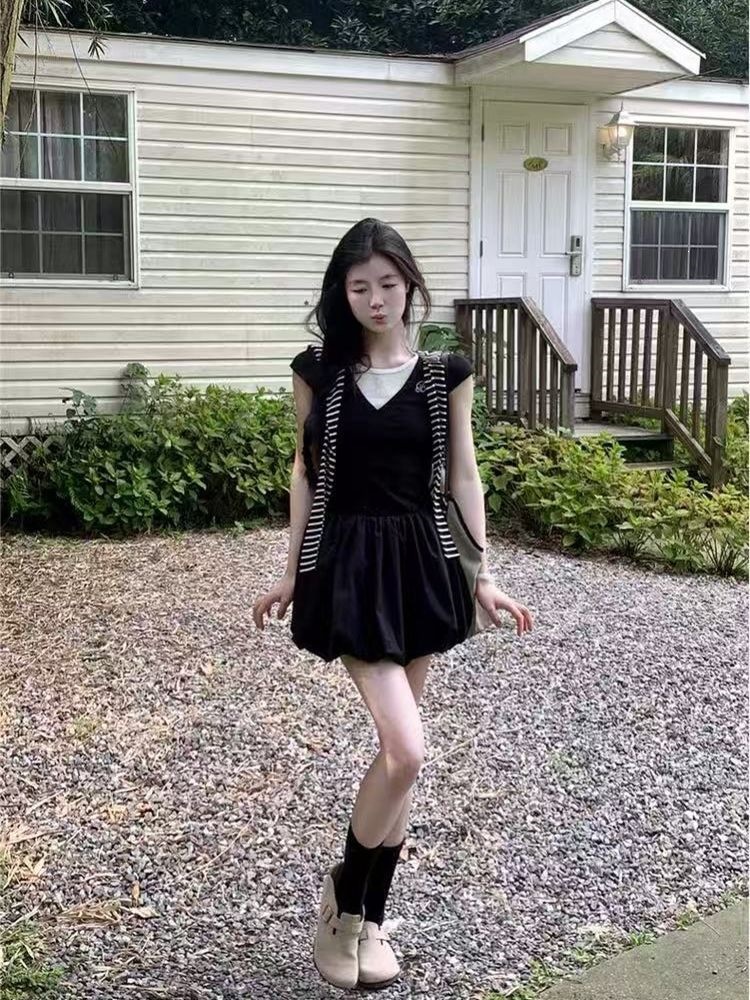 Black Petite Dress Women Summer New French Premium Waist 2 Pcs Early A photo 4 (style 1039725717811)