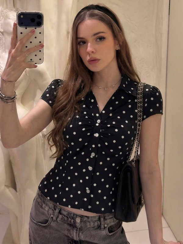 Amazon Women 2026 Summer New Fashion Polka Cardigan Button Collar Shor photo 3 (style 1041064972918)