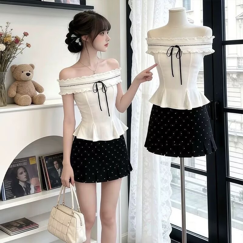 Korean Fashion Set Women Off Shoulder Shirt Top + High Waist Polka Ski photo 2 (style 1057345871206)
