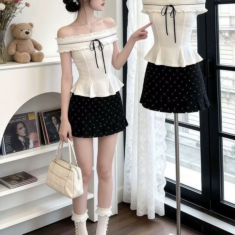 Korean Fashion Set Women Off Shoulder Shirt Top + High Waist Polka Ski photo 3 (style 1057345871206)