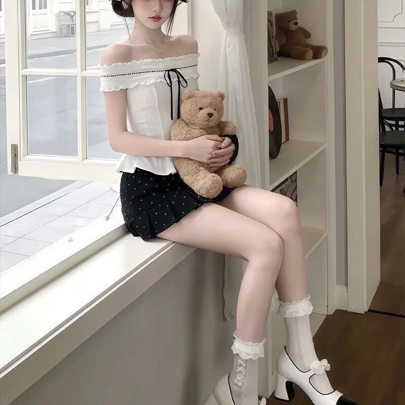 Korean Fashion Set Women Off Shoulder Shirt Top + High Waist Polka Ski photo 5 (style 1057345871206)