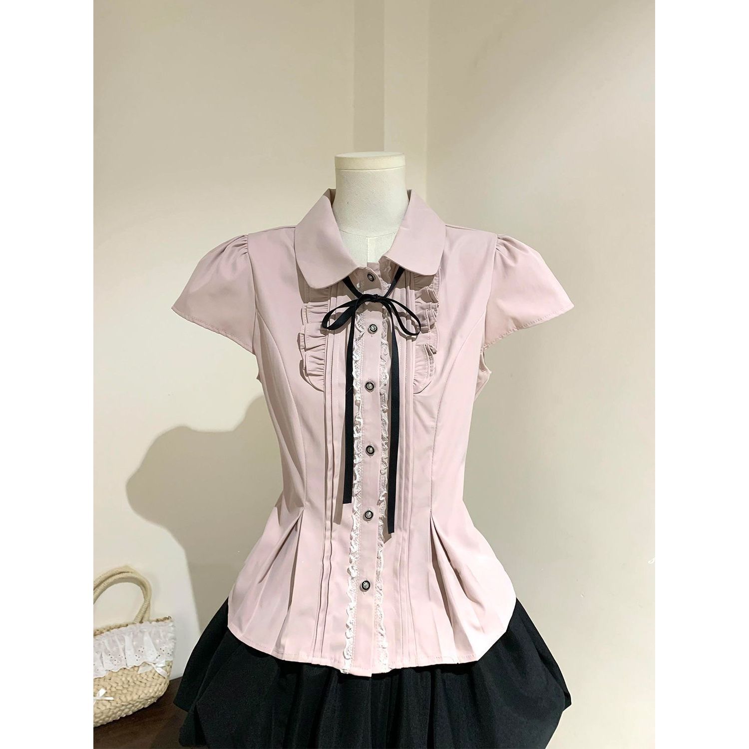 YS Korean Rich Doll Collar Tie Waist Top Black Puff Skirt Summer 2 Pcs photo 5 (style 1064701304864)