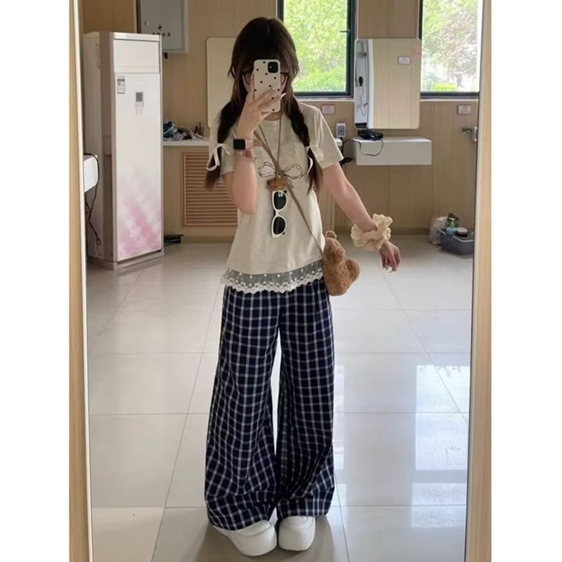 Summer Set Women Korean Loose Lace Splicing Short Sleeve T-Shirt + Cas photo 1 (style 1065097987677)