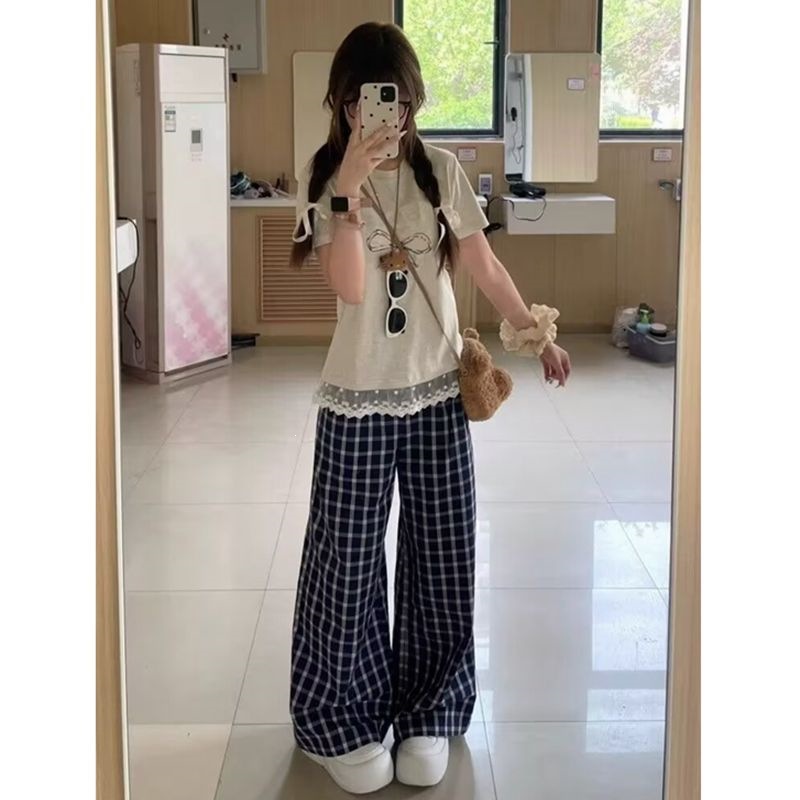 Summer Set Women Korean Loose Lace Splicing Short Sleeve T-Shirt + Cas photo 3 (style 1065097987677)