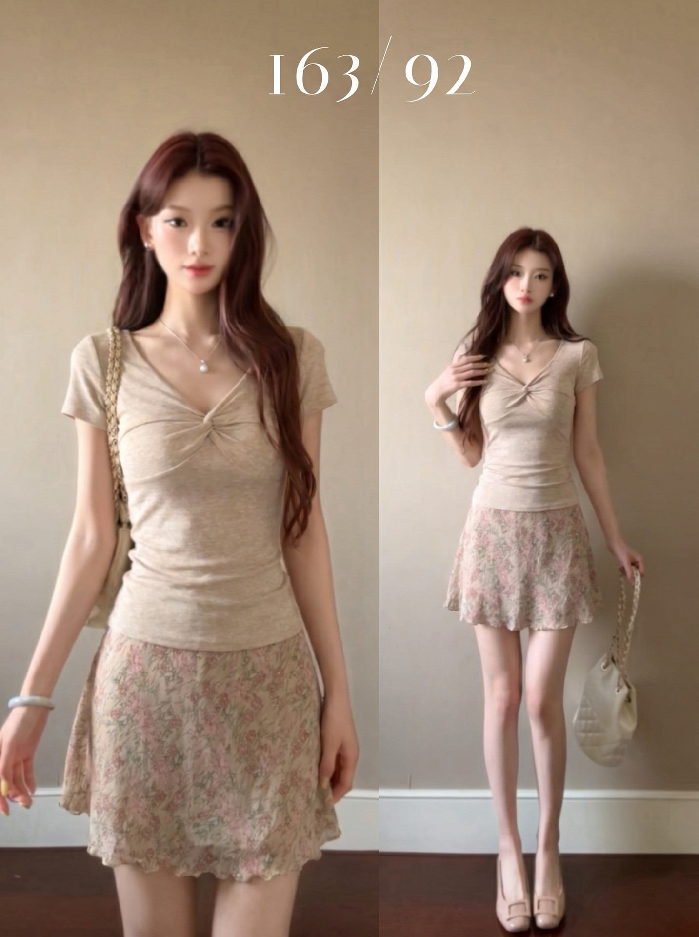 Pink Floral Skirt Set Women Summer Korean V Neck Twist Top Chiffon Sho photo 2 (style 1070123420222)