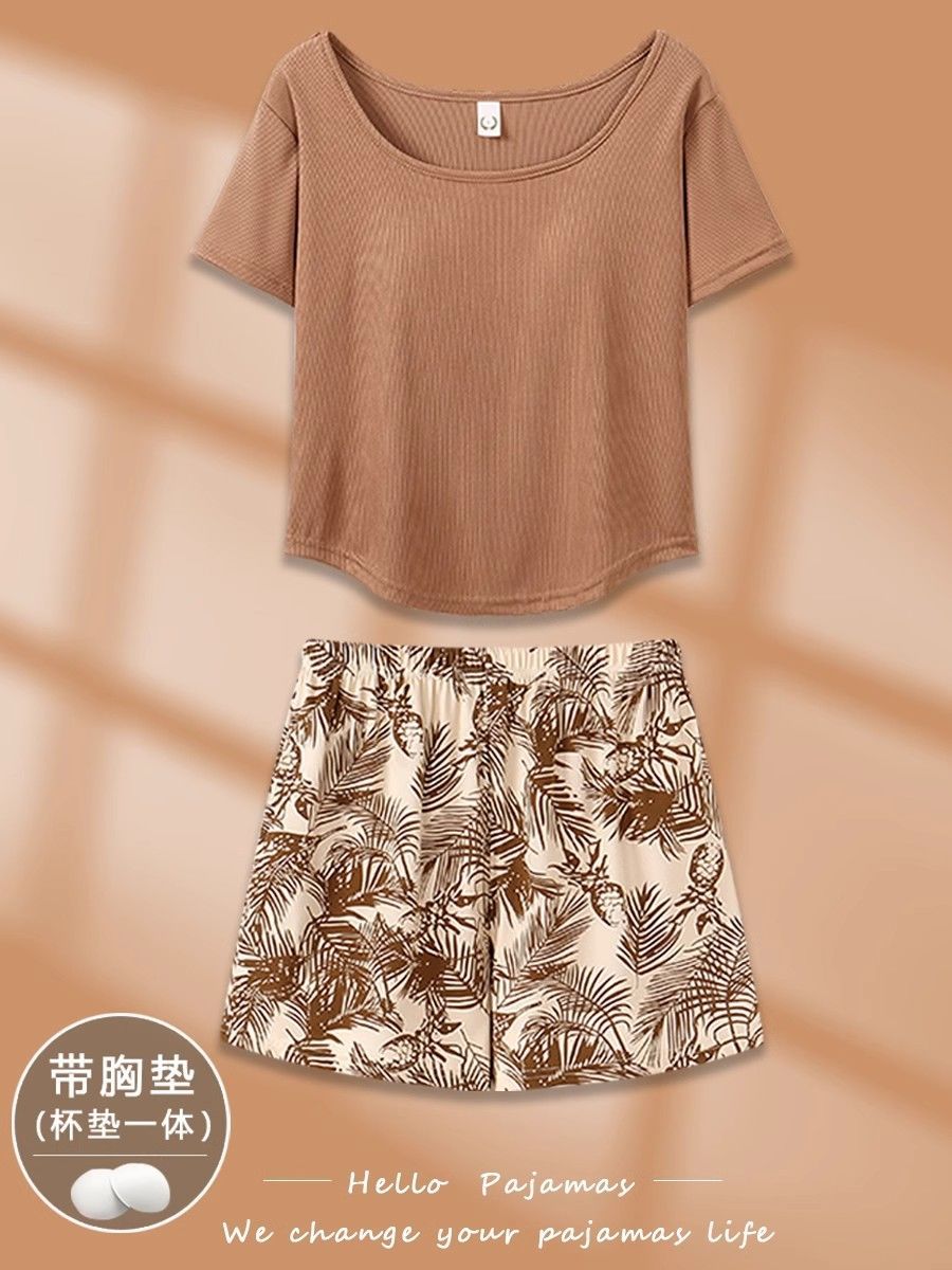 Women's Summer Faux Cotton Built-in Chest Pad Short Sleeve & Shorts Pa photo 6 (style SM-D66CCE)
