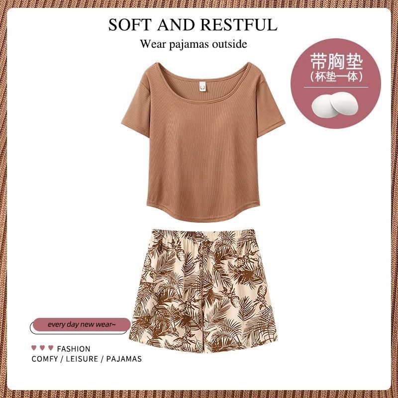 Women's Summer Faux Cotton Built-in Chest Pad Short Sleeve & Shorts Pa photo 2 (style SM-D66CCE)