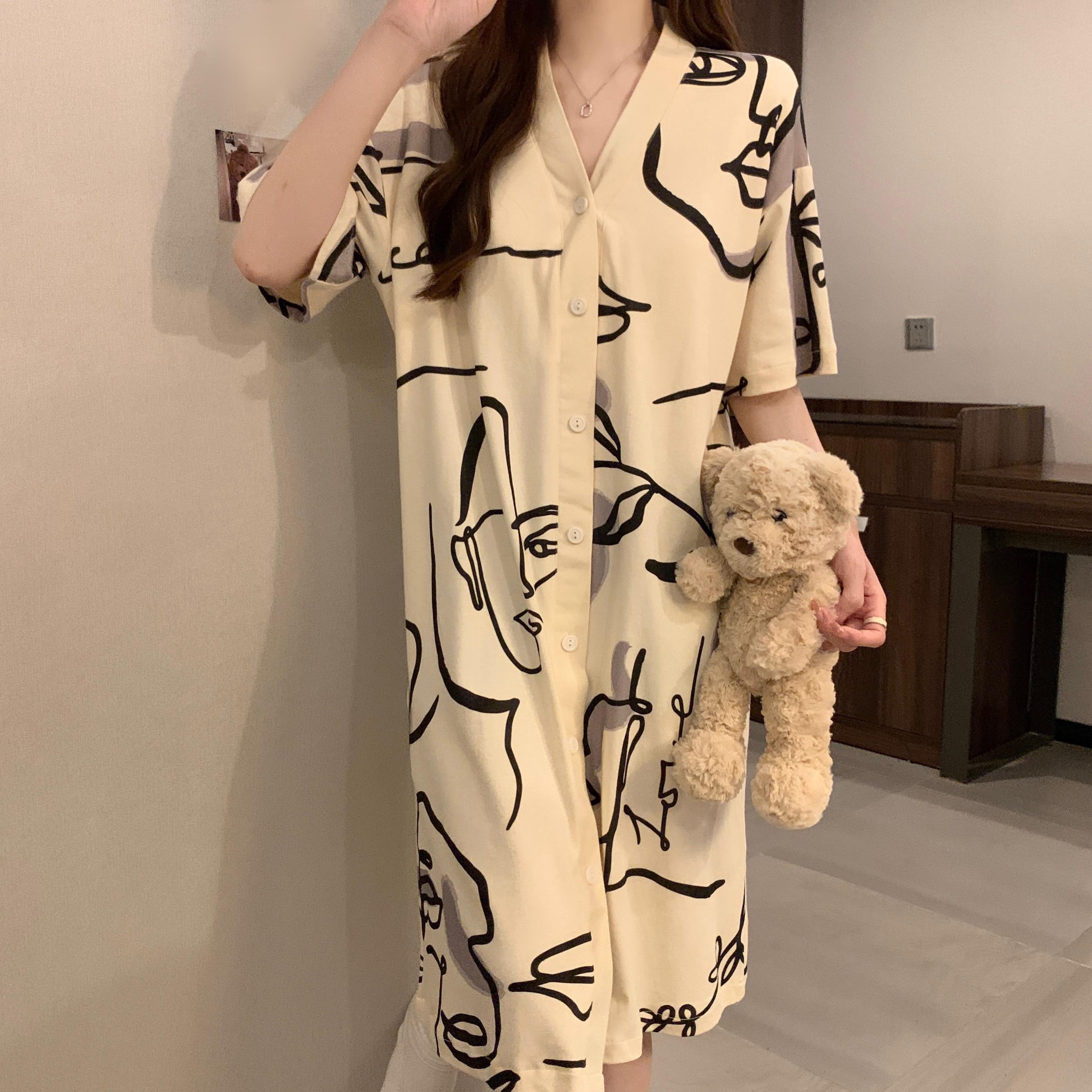 夏季纯棉带胸垫开衫睡裙女宽松显瘦舒适透气家居睡衣裙