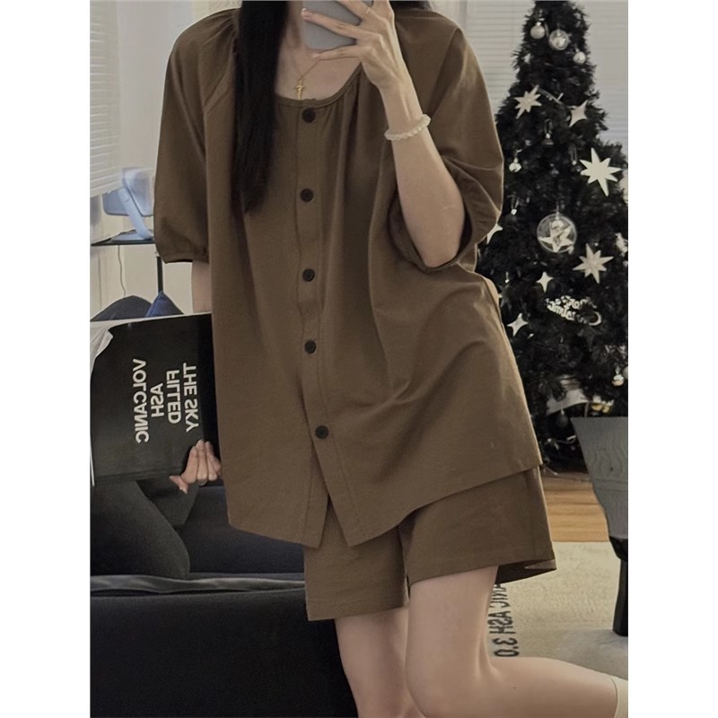 Women's Summer Cotton Cardigan Short Sleeve & Shorts Loungewear Set photo 3 (style SM-AB009E)