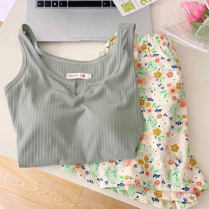 Women's Summer Cotton Tank Top Pajama Set with Shorts, Breathable Comf photo 6 (style SM-325E88)