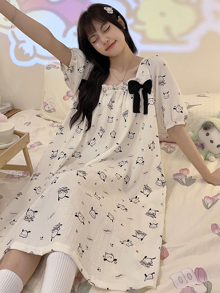 Women's Summer Cotton Bowknot Slip Nightgown - Loose Fit, Slimming, Br photo 2 (style SM-2B3D08)