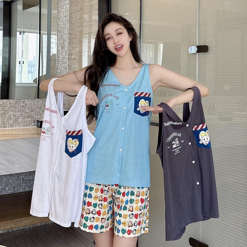 Women's Summer Faux Cotton Cardigan Pajama Set - Short Sleeve Top & Sh photo 3 (style SM-7A9408)