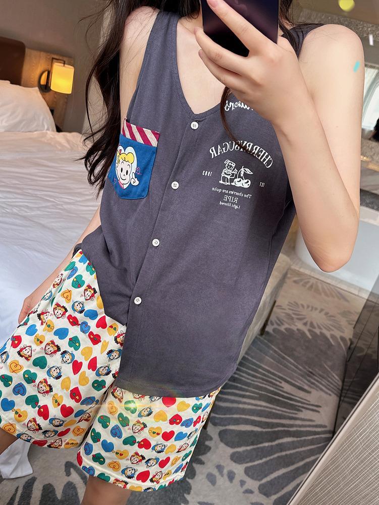 Women's Summer Faux Cotton Cardigan Pajama Set - Short Sleeve Top & Sh photo 4 (style SM-7A9408)
