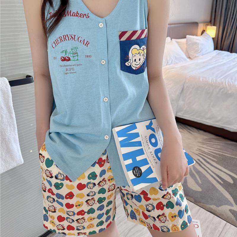 Women's Summer Faux Cotton Cardigan Pajama Set - Short Sleeve Top & Sh photo 7 (style SM-7A9408)