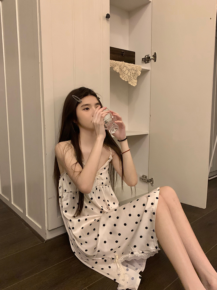 Summer Ice Silk Camisole Polka Nightgown Women Loose Slim Breathable H photo 3 (style 140223)