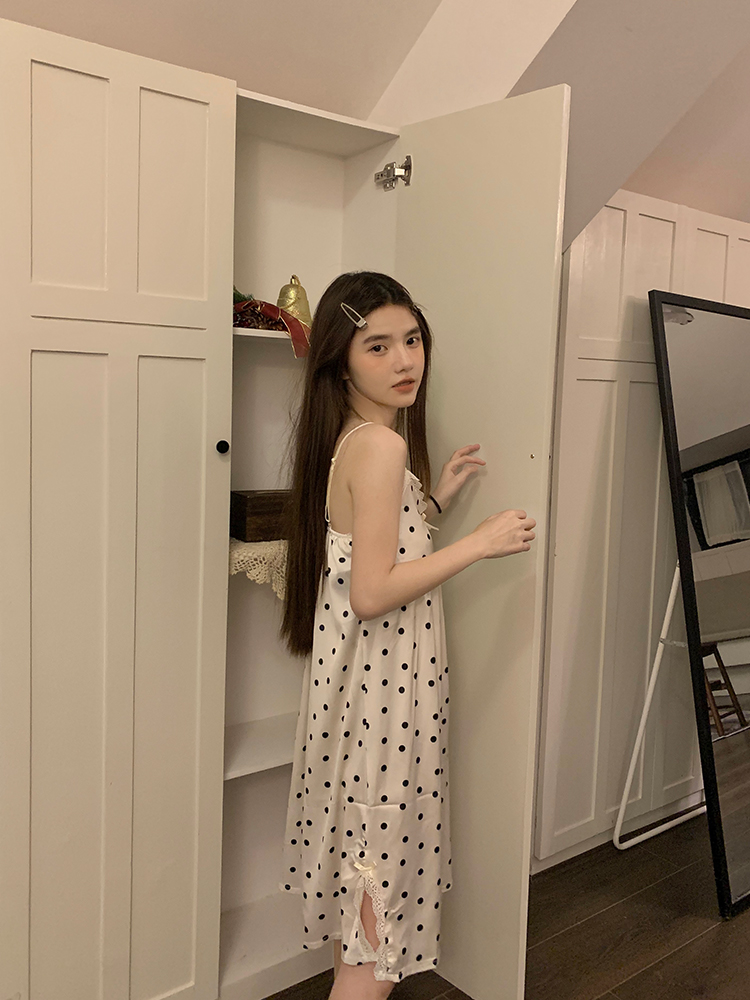 Summer Ice Silk Camisole Polka Nightgown Women Loose Slim Breathable H photo 4 (style 140223)