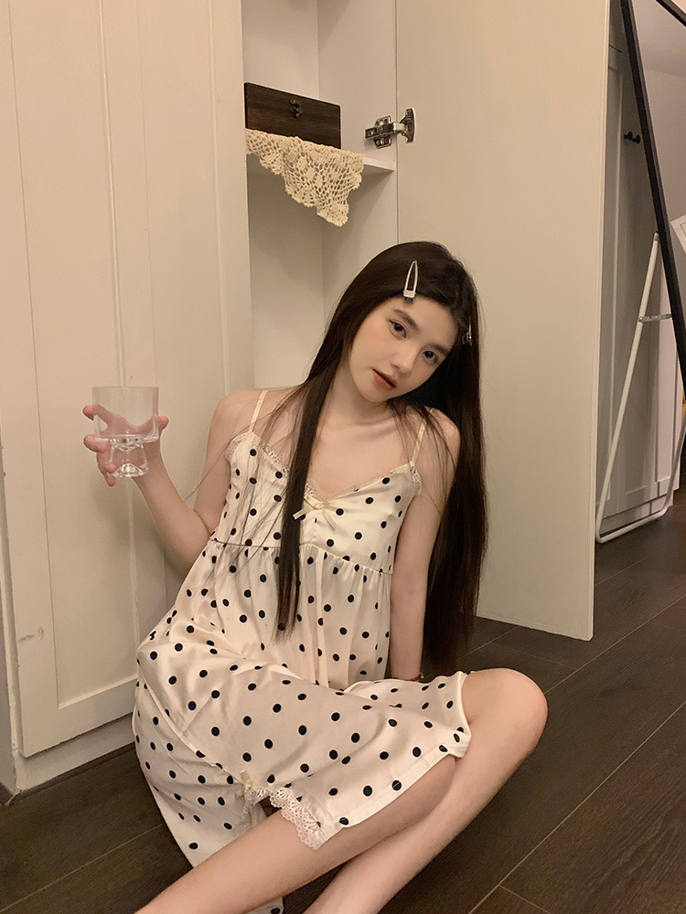 Summer Ice Silk Camisole Polka Nightgown Women Loose Slim Breathable H photo 5 (style 140223)