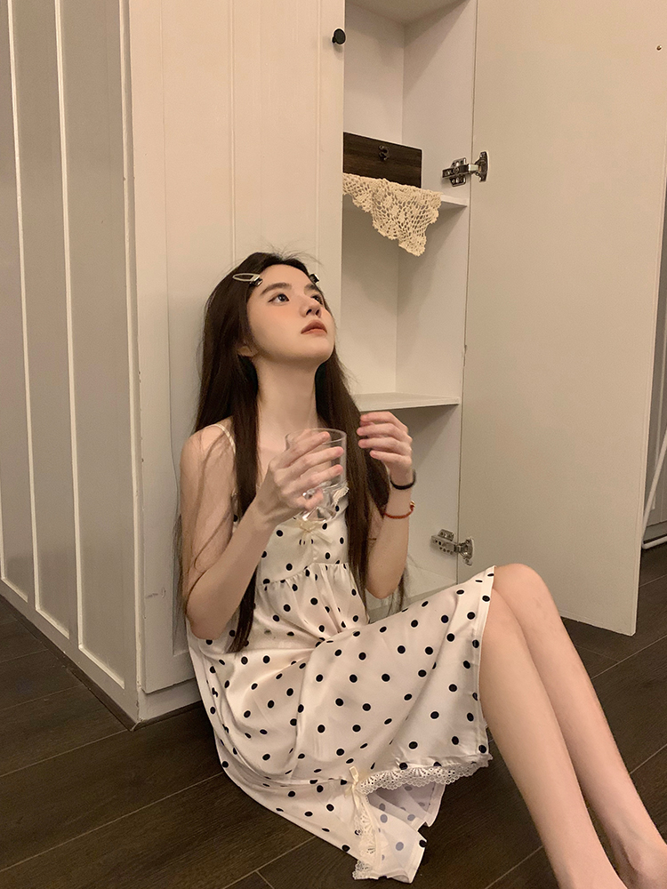 Summer Ice Silk Camisole Polka Nightgown Women Loose Slim Breathable H photo 6 (style 140223)