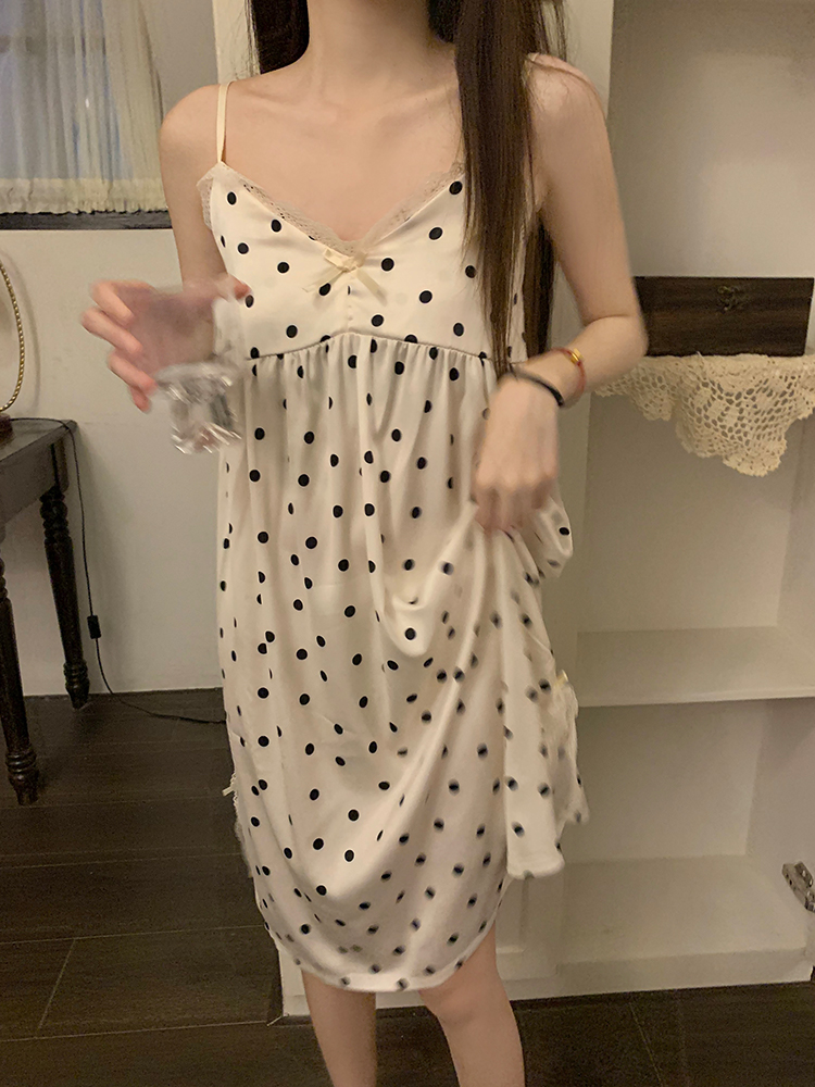 Summer Ice Silk Camisole Polka Nightgown Women Loose Slim Breathable H photo 7 (style 140223)