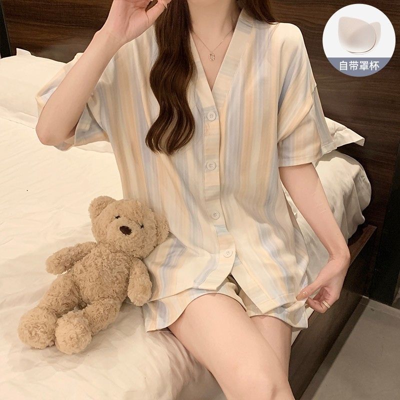 Women's Summer Cotton Padded Cardigan Loungewear Set with Short Sleeve photo 5 (style SM-C4BEA4)