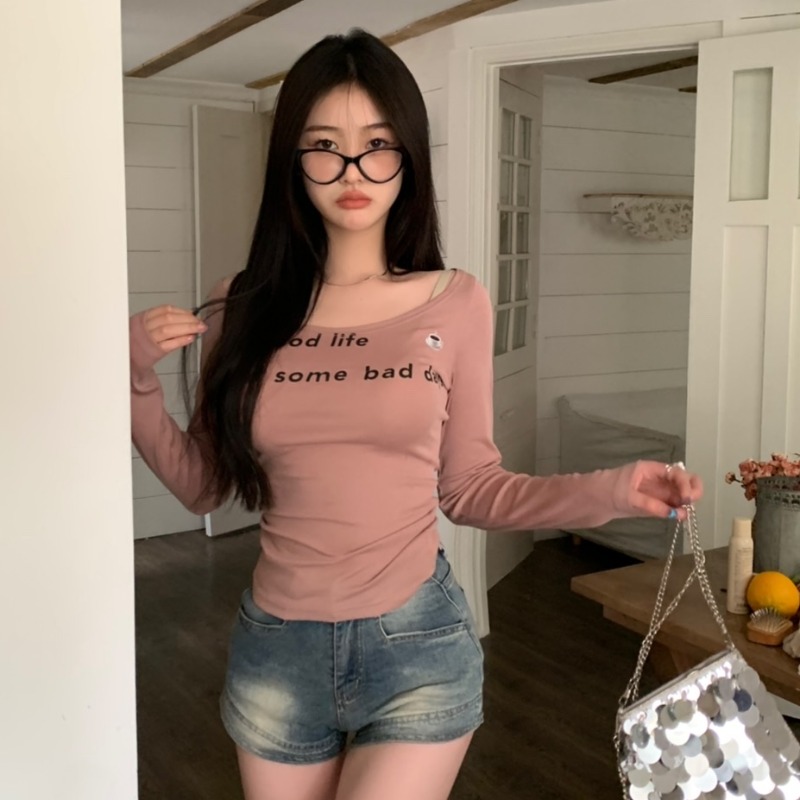 260g Rayon Modal Korean Slim Versatile T-Shirt Letter Print Women Long photo 2 (style 17151499265)