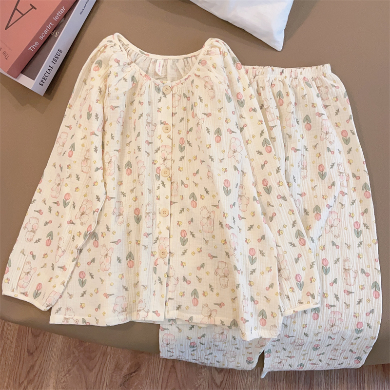 Women's Summer Pure Cotton Double Long Cardigan Pajama Set, Short Slee photo 6 (style SM-C288ED)
