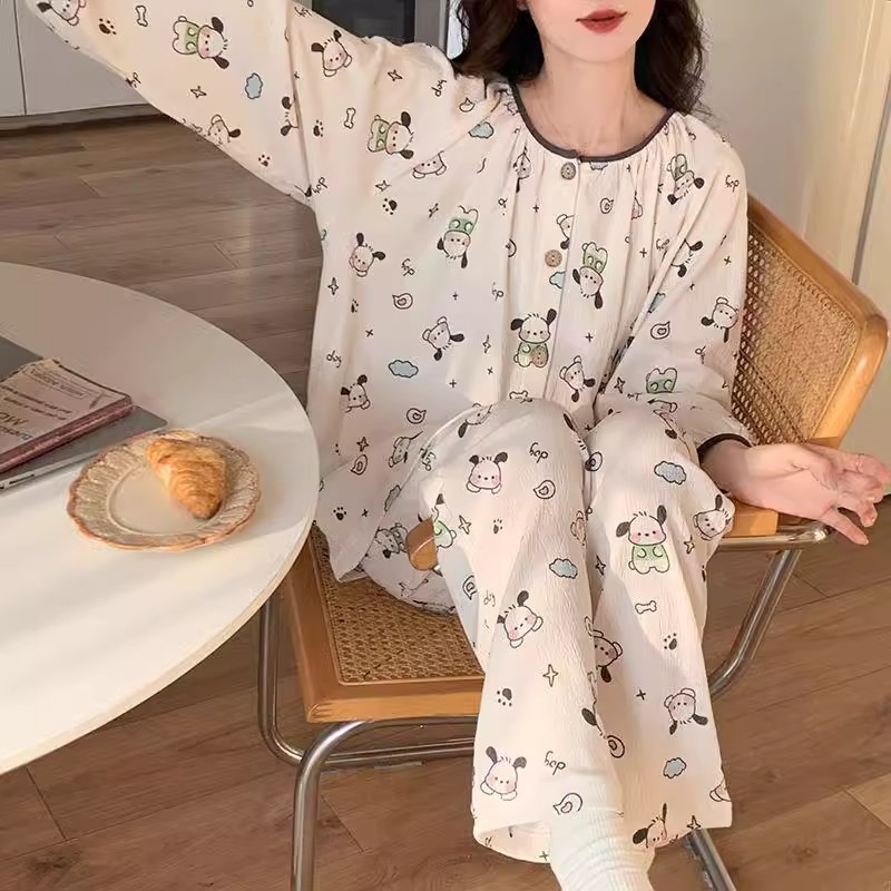 Women's Summer Pure Cotton Double Long Cardigan Pajama Set, Short Slee photo 3 (style SM-C288ED)