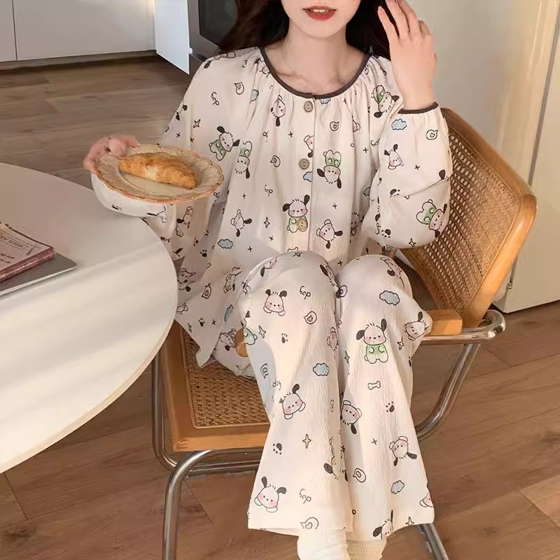 Women's Summer Pure Cotton Double Long Cardigan Pajama Set, Short Slee photo 4 (style SM-C288ED)