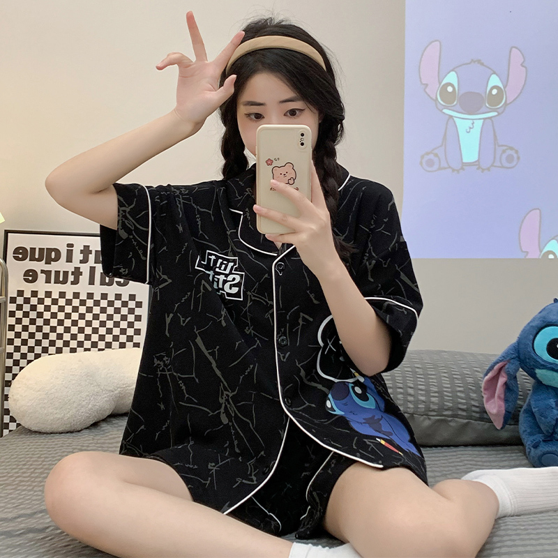 Women's Summer Breathable Loungewear Set - Short Sleeve & Shorts Cardigan Pajama Suit, Wearable Outside