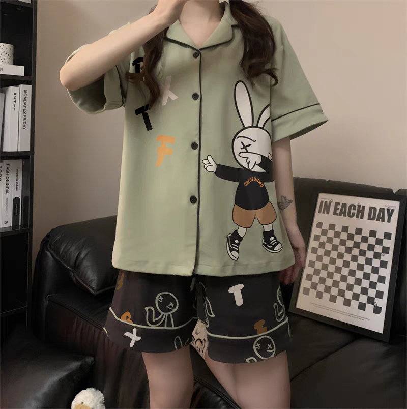 Summer Cotton-Like Cardigan Homewear Women Short Sleeve Shorts 2 Pcs B photo 2 (style 16020)