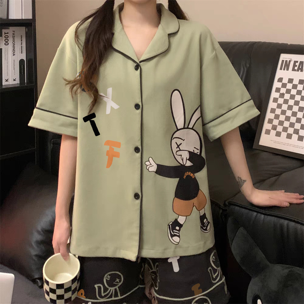 Summer Cotton-Like Cardigan Homewear Women Short Sleeve Shorts 2 Pcs B photo 3 (style 16020)