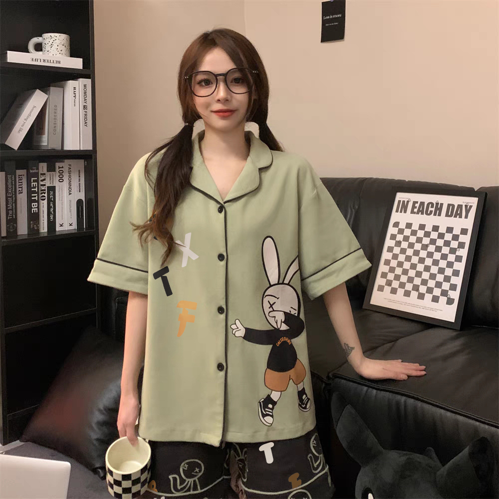 Summer Cotton-Like Cardigan Homewear Women Short Sleeve Shorts 2 Pcs B photo 4 (style 16020)