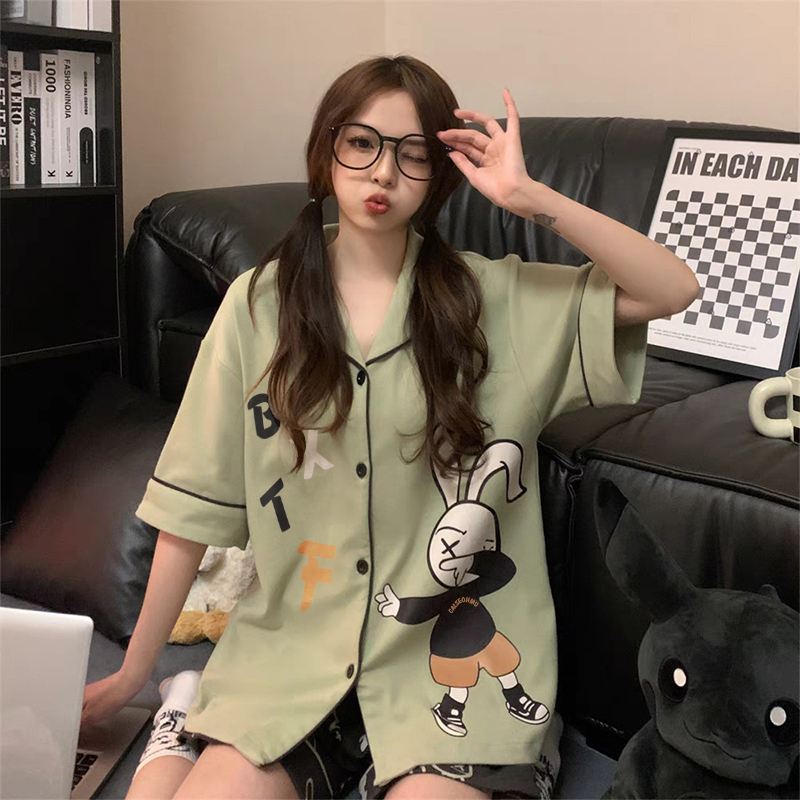 Summer Cotton-Like Cardigan Homewear Women Short Sleeve Shorts 2 Pcs B photo 5 (style 16020)