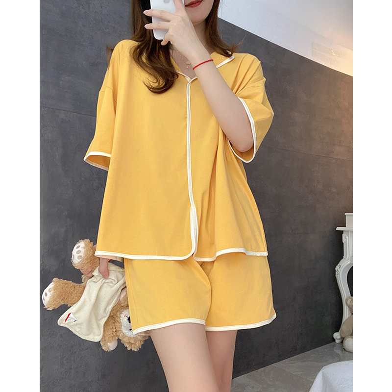 Summer Cotton-Like Cardigan Pullover Homewear Women Short Sleeve Shorts 2 Pcs Wholesale