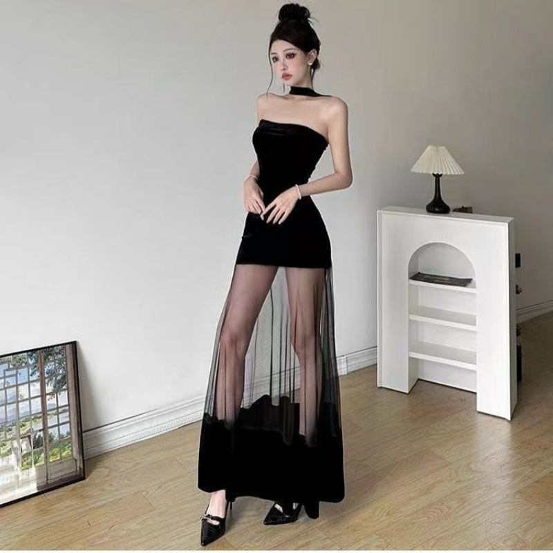 Mesh Design Solid Velvet Dress Women Pure Birthday Party Dress Slim photo 1 (style 17162356969)