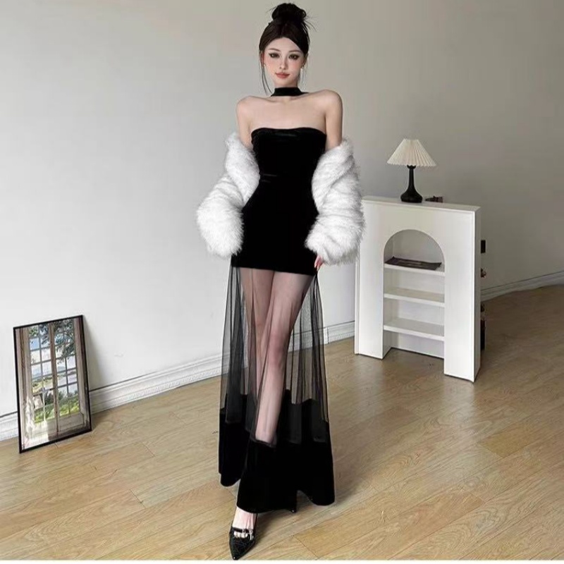 Mesh Design Solid Velvet Dress Women Pure Birthday Party Dress Slim photo 2 (style 17162356969)