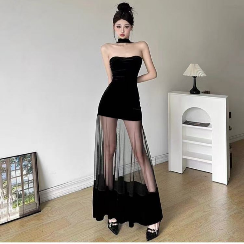 Mesh Design Solid Velvet Dress Women Pure Birthday Party Dress Slim photo 3 (style 17162356969)