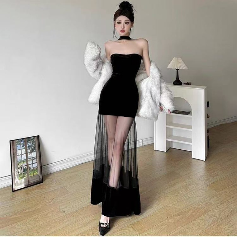 Mesh Design Solid Velvet Dress Women Pure Birthday Party Dress Slim photo 4 (style 17162356969)