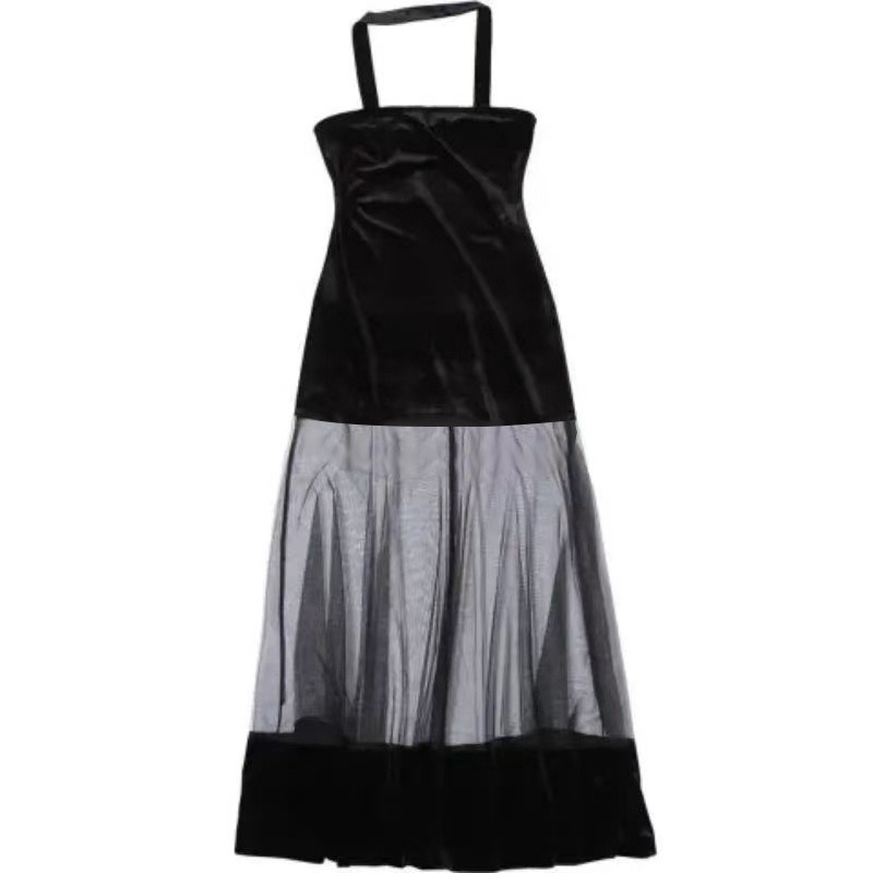 Mesh Design Solid Velvet Dress Women Pure Birthday Party Dress Slim photo 5 (style 17162356969)