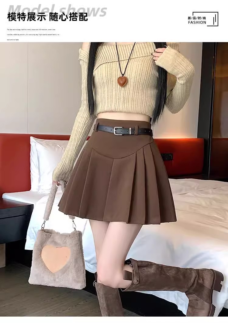 Fashion High Waist Versatile Skirt 2024 Spring New Korean Belt Solid Short A-Line Skirt