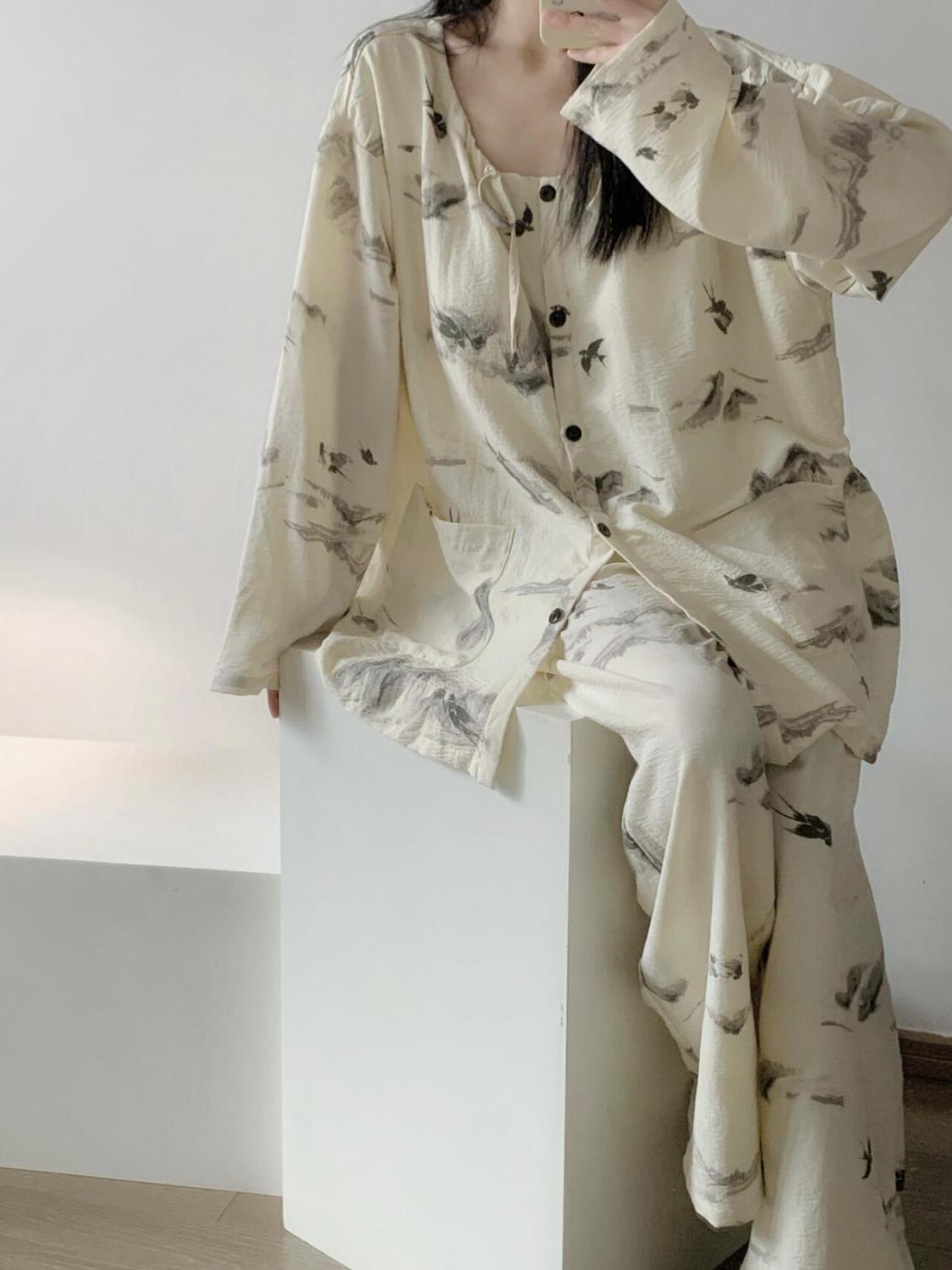 Women's Summer Pure Cotton Double Long Cardigan Pajama Set, Short Slee photo 3 (style SM-D71465)