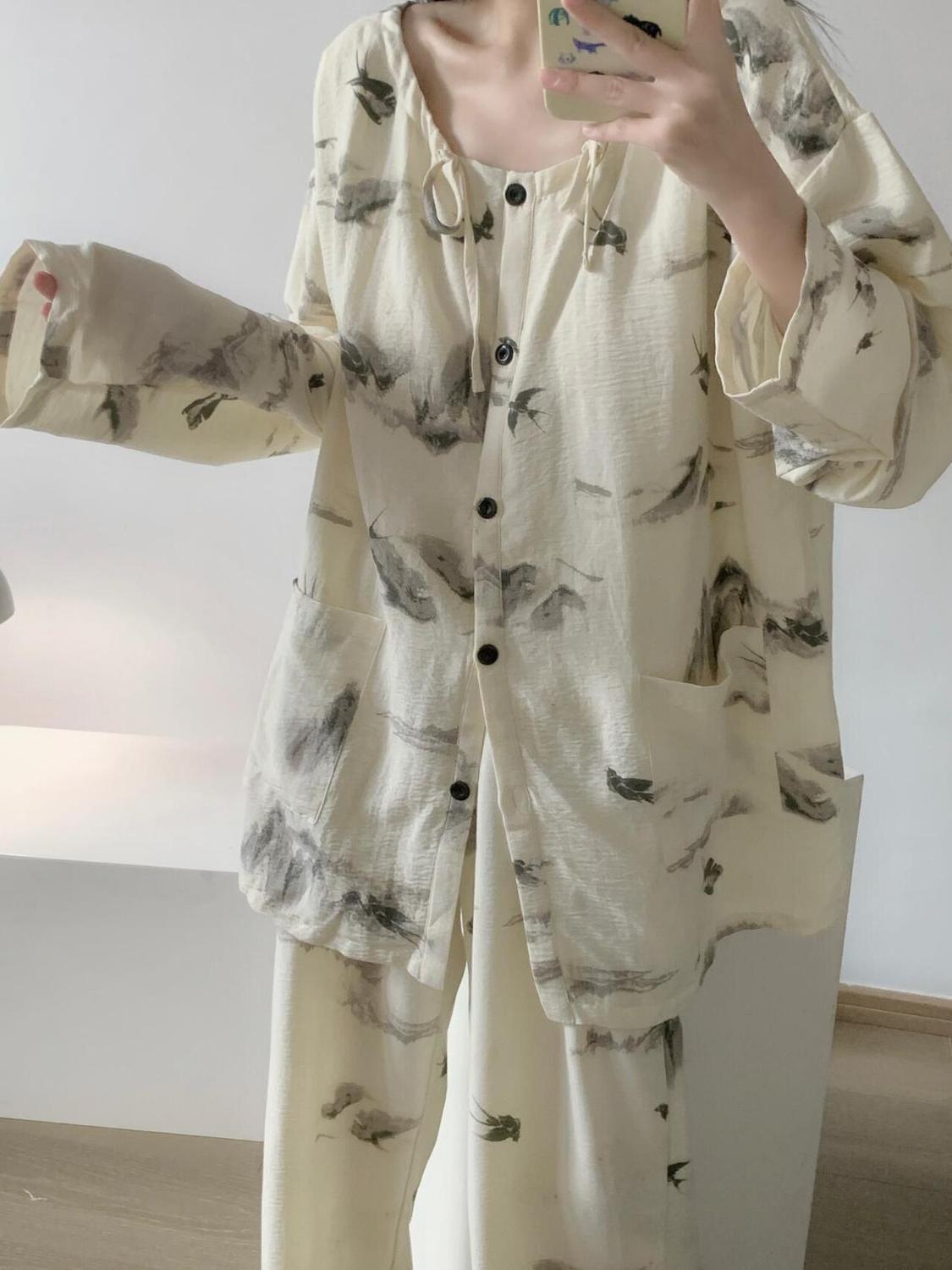 Women's Summer Pure Cotton Double Long Cardigan Pajama Set, Short Slee photo 4 (style SM-D71465)