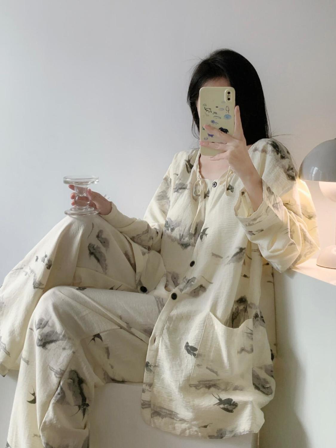 Women's Summer Pure Cotton Double Long Cardigan Pajama Set, Short Slee photo 5 (style SM-D71465)