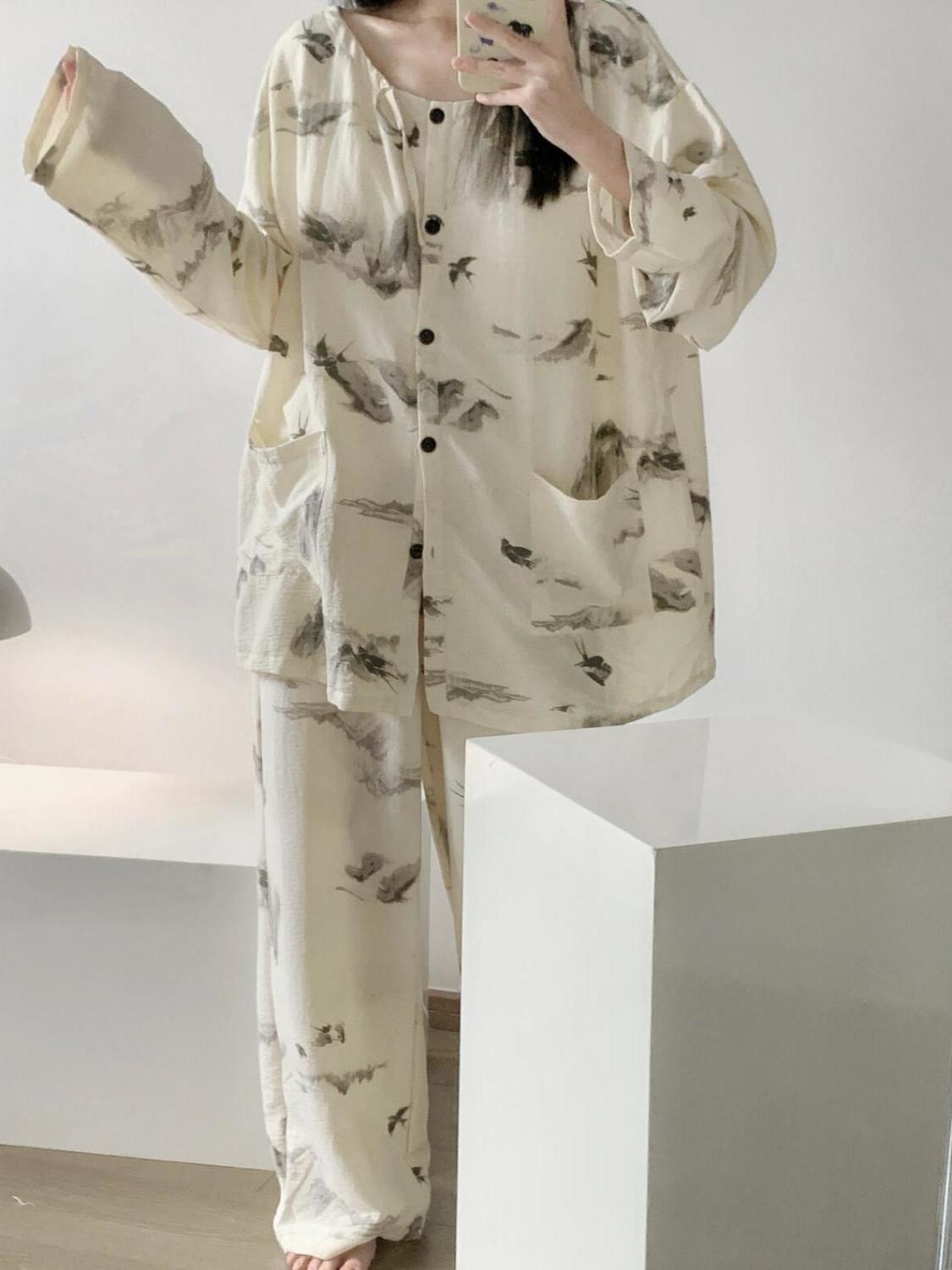 Women's Summer Pure Cotton Double Long Cardigan Pajama Set, Short Slee photo 6 (style SM-D71465)